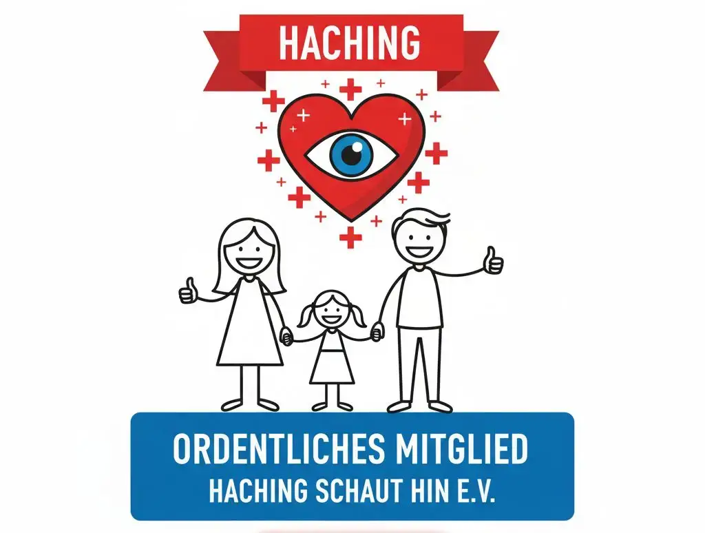 Ordentliches Mitglied bei Haching schaut hin e.V. – gezeichnete Familie unter einem Herz mit Auge
