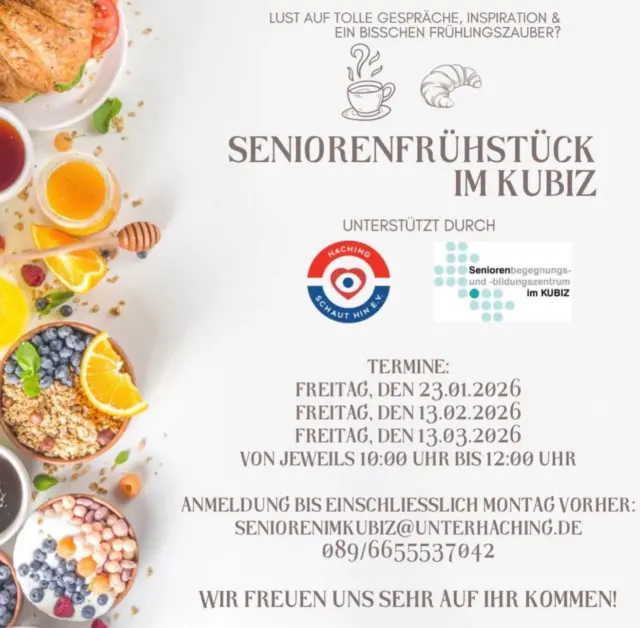❤️💙Gemeinsam statt einsam ❤️💙
Ein Tisch, ein Lächeln, eine Tasse Kaffee ☕

Beim Seniorenfrühstück in Unterhaching geht es um so viel mehr als nur ums Essen.

Es geht um Zeit miteinander, um Gespräche, Zuhören und echtes Dasein.

Gerade im Alter kann Einsamkeit leise werden –
deshalb schaffen wir einen Ort, an dem Begegnung, Wärme und Gemeinschaft im Mittelpunkt stehen. 🤝

Organisiert und unterstützt vom

🏠 Seniorenbegegnungs- und Bildungszentrum im KUBIZ und 
❤️💙Haching schaut hin e.V.

Danke an alle, die kommen, helfen und zeigen:

Niemand muss allein sein.
 
Termine: Freitag 23.01.2026, 13.02.2026 und 13.03.2026

#Seniorenfrühstück #GemeinsamStattEinsam 
#Kubiz