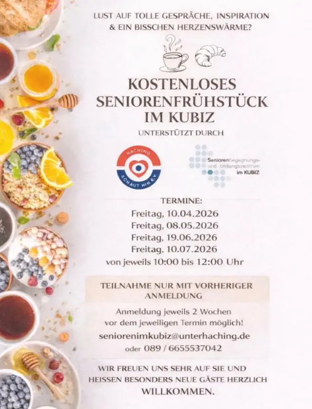 Aufgrund der großen Begeisterung 🥳 und von drei ausverkauften Veranstaltungen bieten wir in Zusammenarbeit 🤝 mit dem Seniorenbegegnungs - und bildungszentrum im KUBIZ vier weitere Termine für unser kostenloses Frühstück an.
Wir freuen uns sehr auf zahlreiche Teilnehmende, insbesondere auf viele neue Gesichter!😊