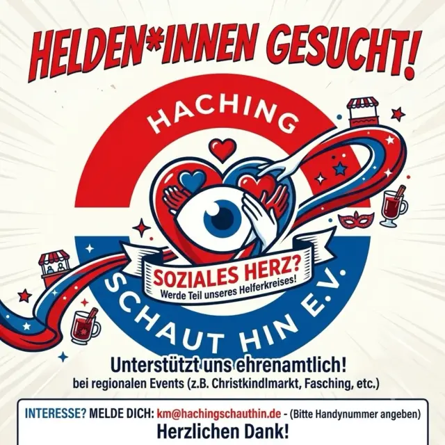 DICH - genau DICH suchen wir❣️HELDEN*INNEN gesucht! Seid ehrenamtlich dabei bei unserem „Haching schaut hin e.V.“ - Helferkreis✌️ Einfach melden unter km@hachingschauthin.de unter Angabe Eurer Handynummer 😉 WIR und viele HERZENSMENSCHEN freuen sich auf DICH 🙌